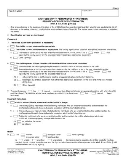View JV-442 Eighteen-Month Permanency Attachment: Reunification Services
Terminated (Welf. & Inst. Code, § 366.22) form