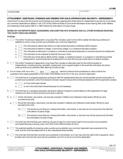View JV-460 Attachment: Additional Findings and Orders for Child Approaching Majority—Dependency form