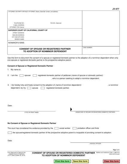 View JV-477 Consent of Spouse or Registered Partner to Adoption of Nonminor Dependent form