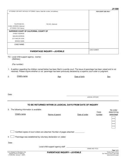 View JV-500 Parentage Inquiry form