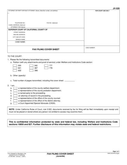 View JV-520 Fax Filing Cover Sheet form