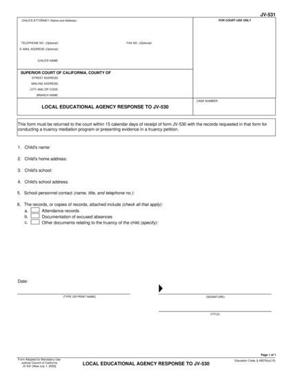 View JV-531 Local Educational Agency Response to JV-530 form