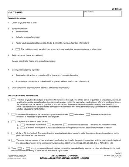 View JV-535(A) Attachment to Order Designating Educational Rights Holder form