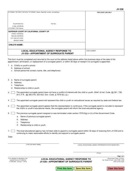 View JV-536 Local Educational Agency Response to JV-535—Appointment of Surrogate Parent form