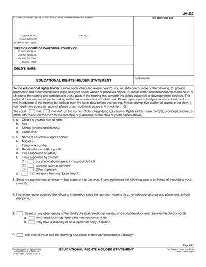 View JV-537 Educational Rights Holder Statement form