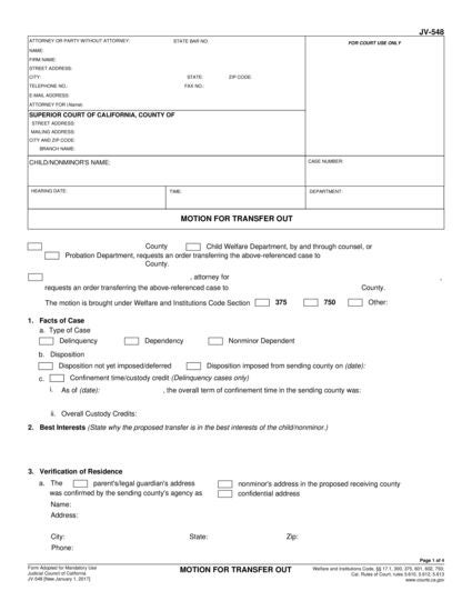 View JV-548 Motion for Transfer Out form