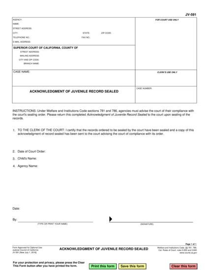 View JV-591 Acknowledgment of Juvenile Record Sealed form
