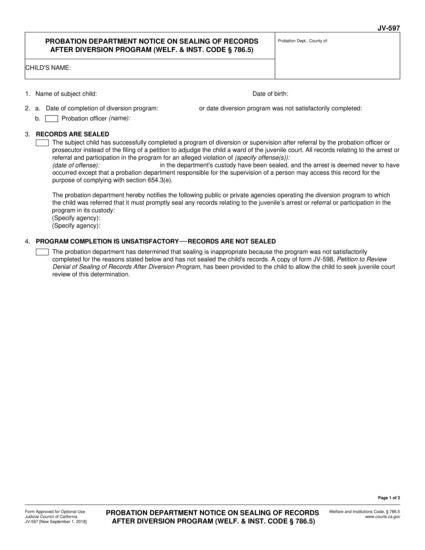 View JV-597 Probation Department Notice on Sealing of Records After Diversion Program (Welf. & Inst. Code, § 786.5) form