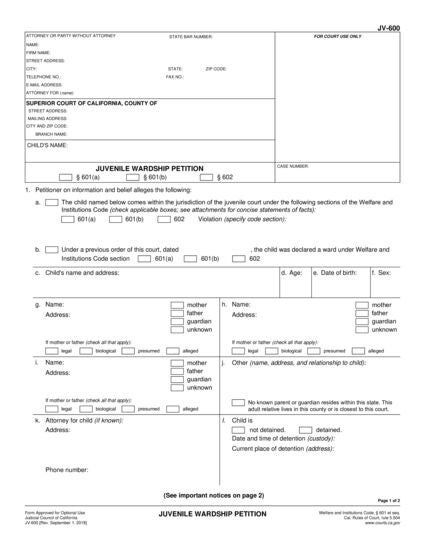 View JV-600 Juvenile Wardship Petition form