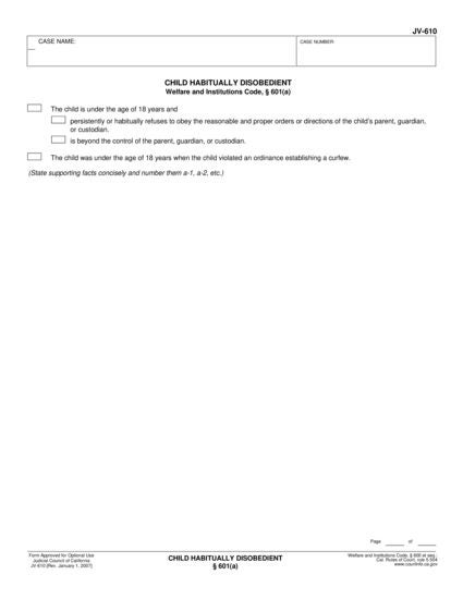 View JV-610 Child Habitually Disobedient § 601(a) form