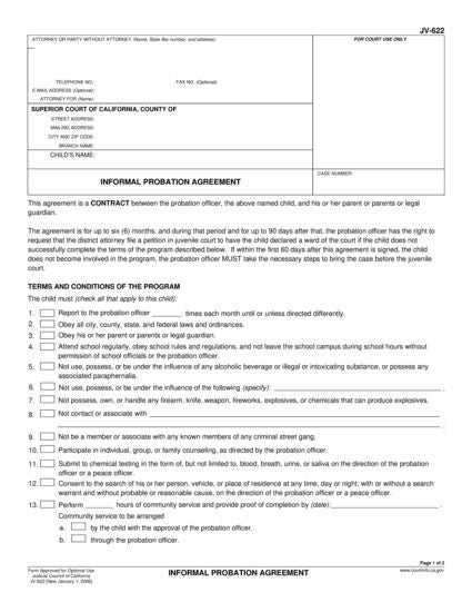 View JV-622 Informal Probation Agreement form