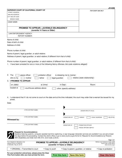 View JV-635 Promise to Appear—Juvenile Delinquency (Juvenile 14 years or Older) form