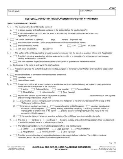 View JV-667 Custodial and Out-of-Home Placement Disposition Attachment form