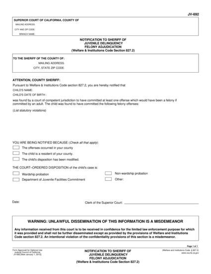View JV-692 Notification to Sheriff of Juvenile Delinquency Felony Adjudication (Welf. & Inst. Code Section 827.2) form
