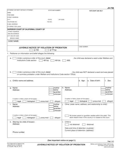 View JV-735 Juvenile Notice of Violation of Probation form