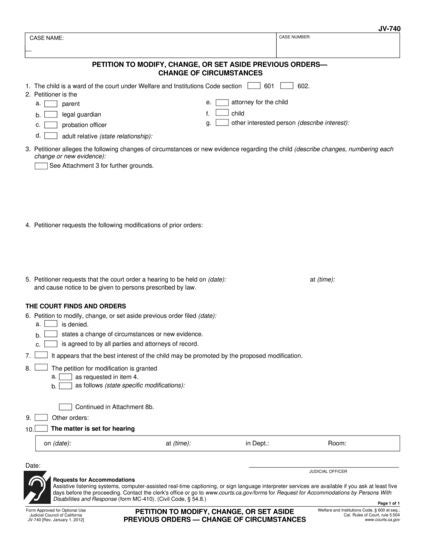 View JV-740 Petition to Modify, Change, or Set Aside Previous Orders—Change of Circumstances form