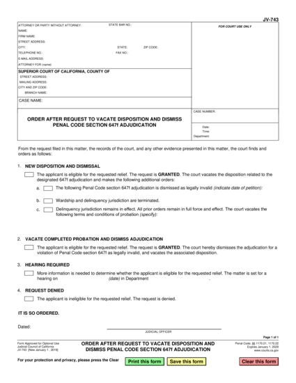 View JV-743 Order After Request to Vacate Disposition and Dismiss Penal Code Section 647f Adjudication form