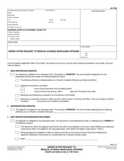 View JV-746 Order After Request to Reduce Juvenile Marijuana Offense (Health and Safety Code, § 11361.8(m)) form