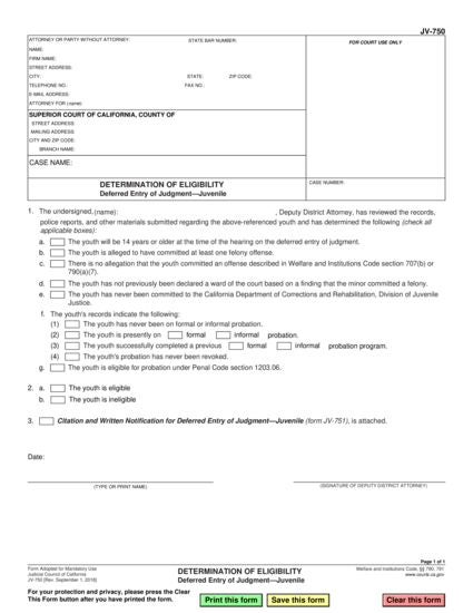 View JV-750 Determination of Eligibility—Deferred Entry of Judgment—Juvenile form