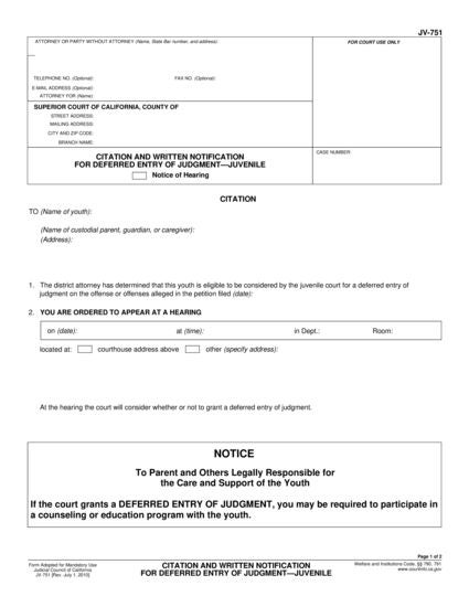 View JV-751 Citation and Written Notification for Deferred Entry of Judgment—Juvenile form