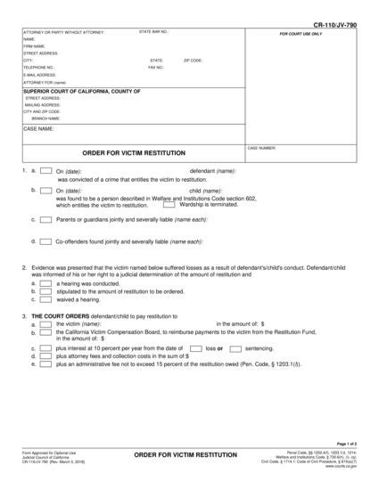 View JV-790 Order for Victim Restitution form