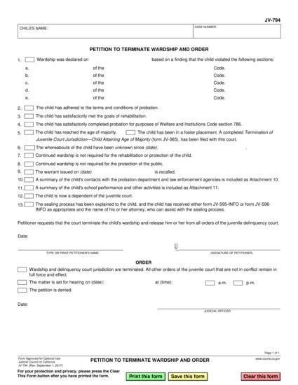 View JV-794 Petition to Terminate Wardship and Order form