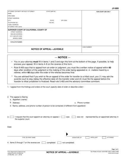 View JV-800 Notice of Appeal—Juvenile form