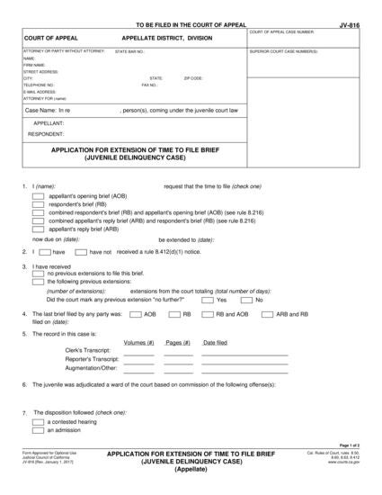 View JV-816 Application for Extension of Time to File Brief (Juvenile Delinquency) form
