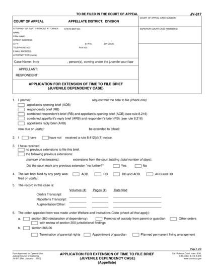 View JV-817 Application for Extension of Time to File Brief—Juvenile Dependency Case (Appellate) form