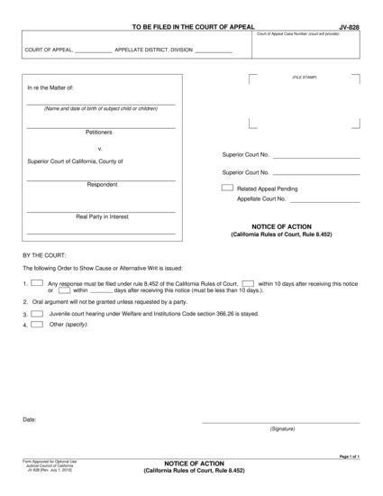 View JV-828 Notice of Action (California Rules of Court, Rule 8.452) form
