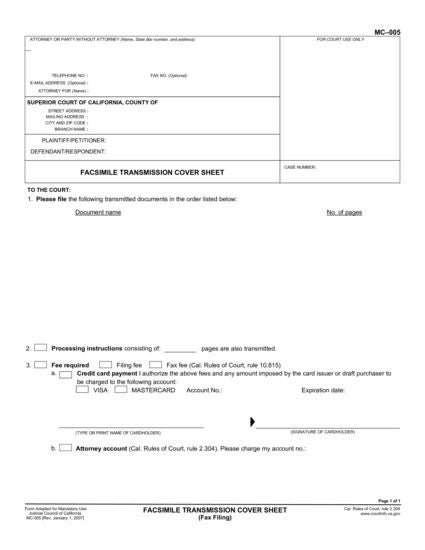 View MC-005 Facsimile Transmission Cover Sheet (Fax Filing) form