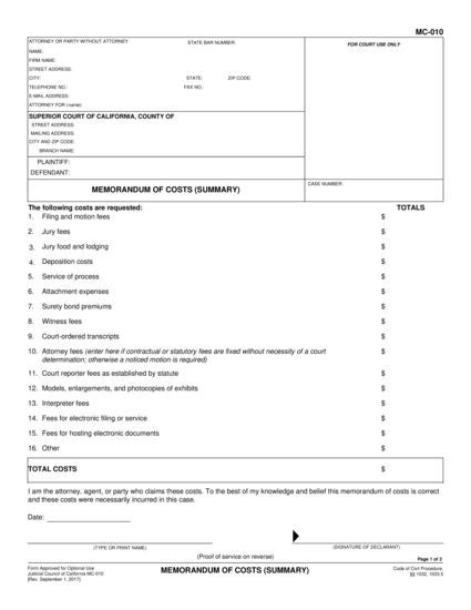 View MC-010 Memorandum of Costs (Summary) form