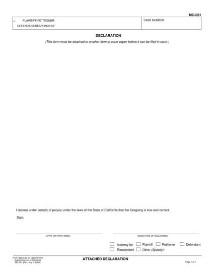 View MC-031 Attached Declaration form