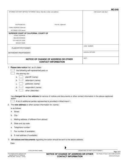 View MC-040 Notice of Change of Address or Other Contact form
