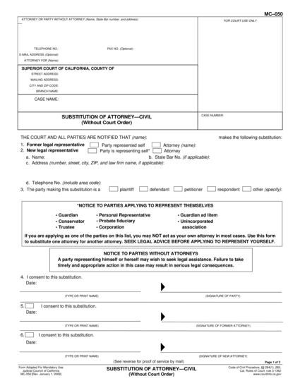 View MC-050 Substitution of Attorney—Civil (Without Court Order) form