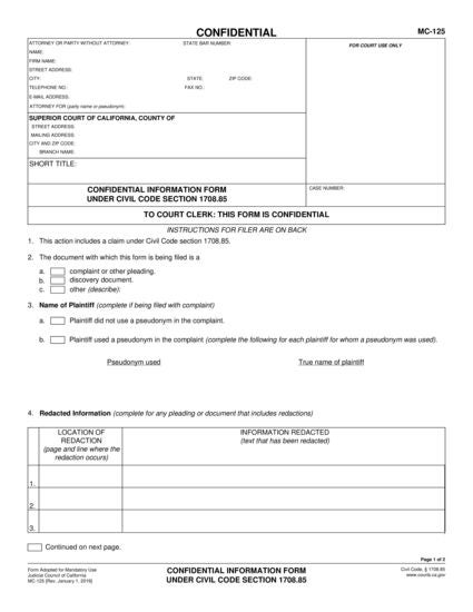 View MC-125 Confidential Information Form Under Civil Code Section 1708.85 form