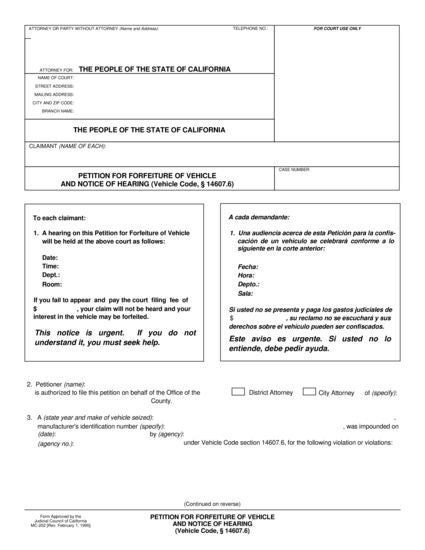 View MC-202 Petition for Forfeiture of Vehicle and Notice of Hearing form