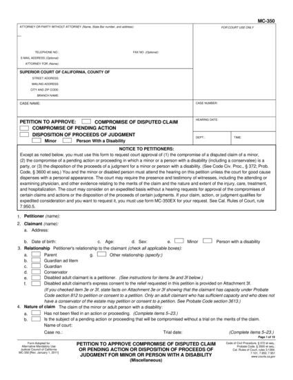 View MC-350 Petition for Approval of Compromise of Claim or Action or Disposition of Proceeds of Judgment for Minor or Person With A Disability form