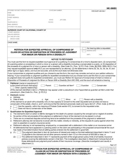 View MC-350EX Petition for Expedited Approval of Compromise of Claim or Action or Disposition of Proceeds of Judgment for Minor or Person With a Disability form