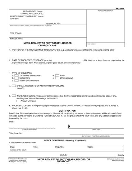 View MC-500 Media Request to Photograph, Record, or Broadcast form