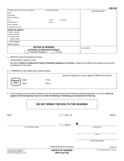 View MD-109 Notice of Hearing (Menacing Dog) form