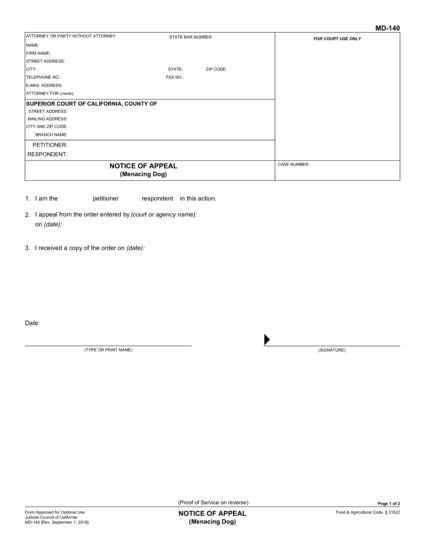 View MD-140 Notice of Appeal (Menacing Dog) form