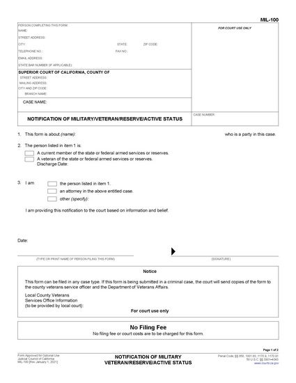 View MIL-100 Notification of Military Veteran/Reserve/Active Status form