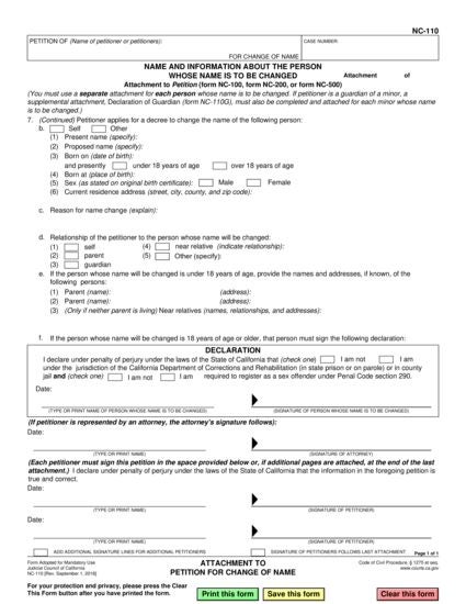 View NC-110 Name and Information about th Person Whose Name is to be Changed (Attachment to Petition for Change of Name) form