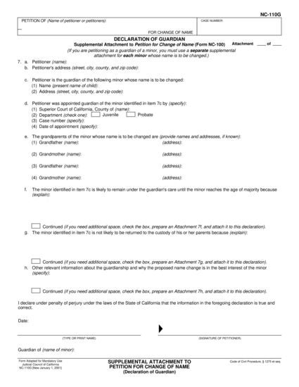 View NC-110G Supplemental Attachment to Petition for Change of Name (Declaration of Guardian) form