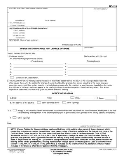 View NC-120 Order to Show Cause—Change of Name form