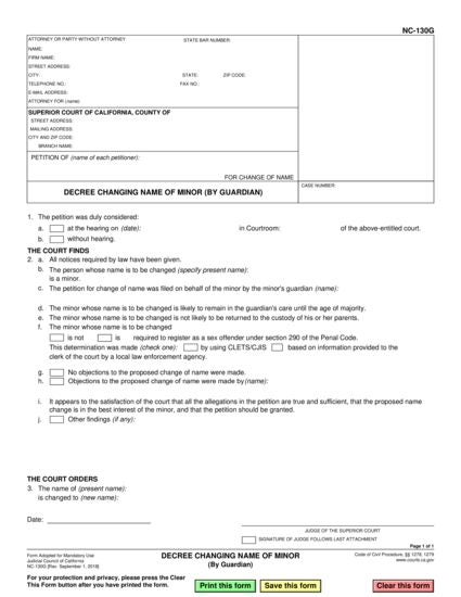 View NC-130G Decree Changing Name of Minor (by Guardian) form