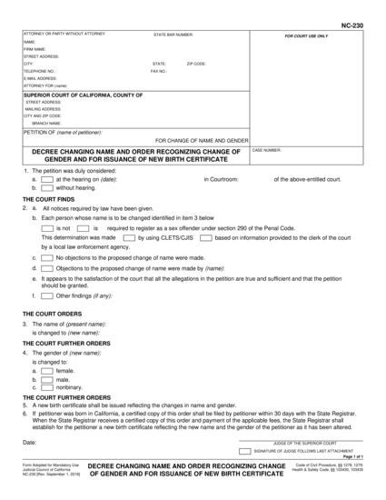 View NC-230 Decree Changing Name and Order Recognizing Change of Gender and for Issuance of New Birth Certificate form