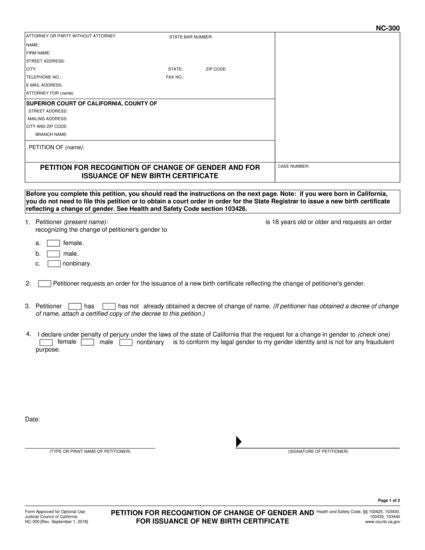 View NC-300 Petition For Recognition of Change of Gender And Sex Identifier, Name Change, And Issuance of New Certificates form