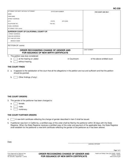 View NC-330 Order Recognizing Change of Gender and Sex Identifier, For Name Change, And For Issuance of New Certificates form